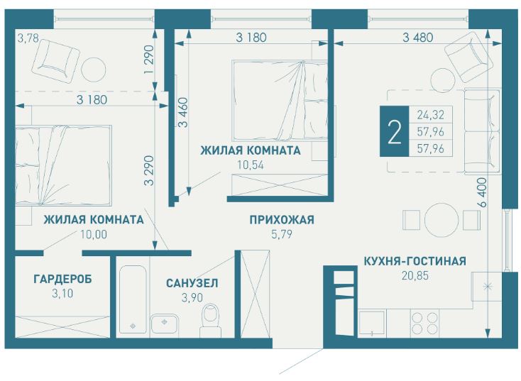 Двухкомнатная в Литер 1