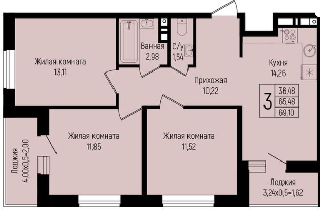 Трехкомнатная в 2 Очередь