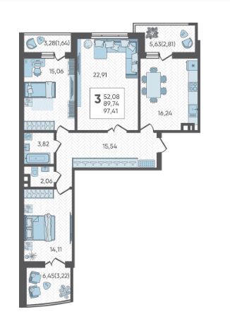 Трехкомнатная в Литер 2