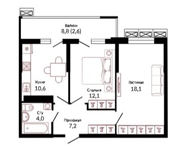 Двухкомнатная в Литер 1.1 очередь 2