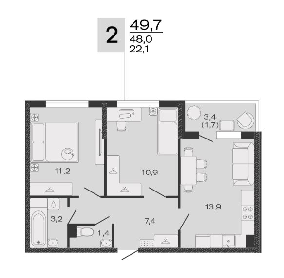 Двухкомнатная в Литер 3