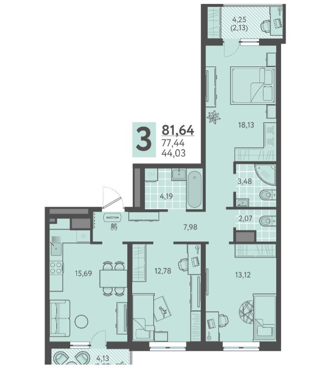 Трехкомнатная в Литер 6 очередь 2