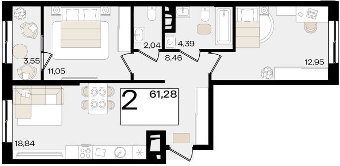 Двухкомнатная в Литер 1.1