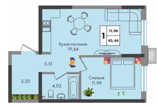 Однокомнатная в Литер 1.2