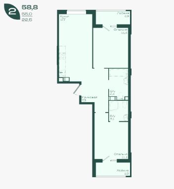 Двухкомнатная в Литер 1.2