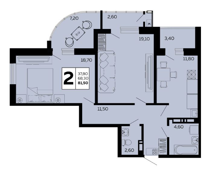 Двухкомнатная в Литер 1