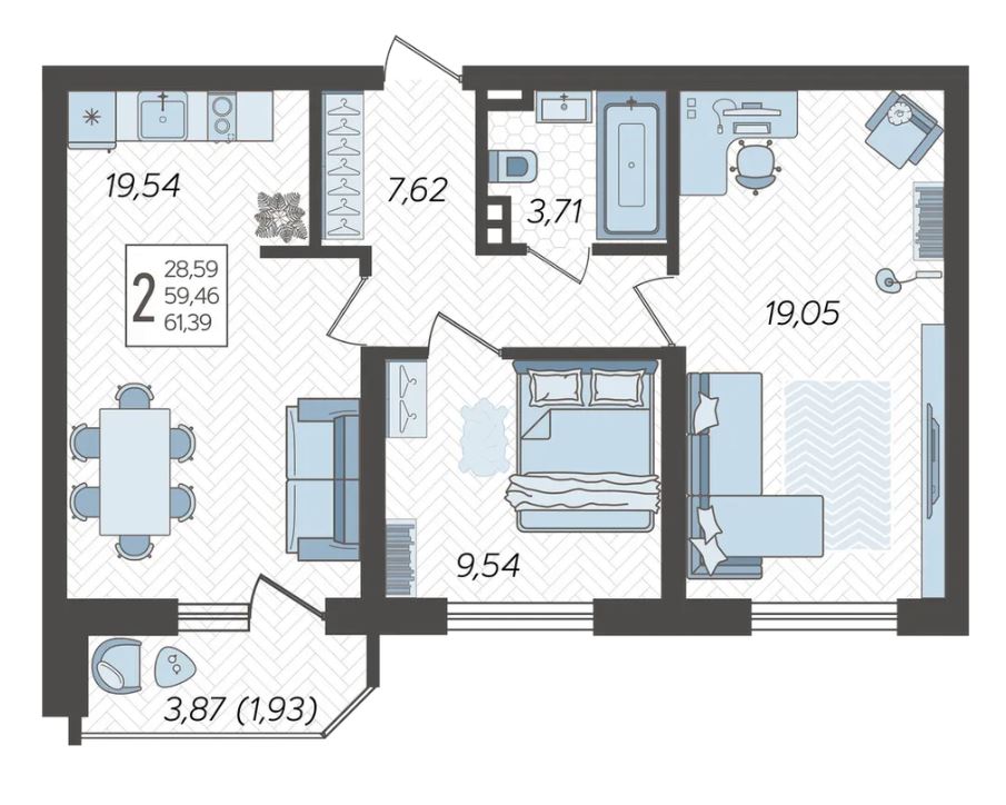 Двухкомнатная в Литер 1
