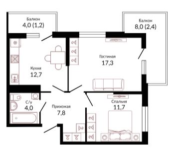 Двухкомнатная в Литер 2.2 очередь 1