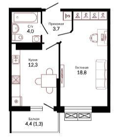 Однокомнатная в Литер 2.1 очередь 1