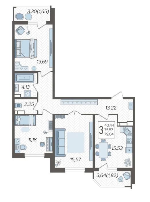 Трехкомнатная в Литер 1