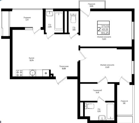 Двухкомнатная в Литер 1