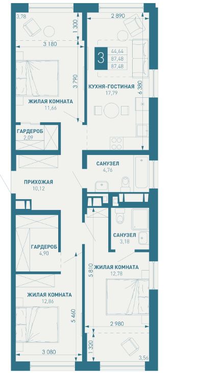 Трехкомнатная в Литер 2