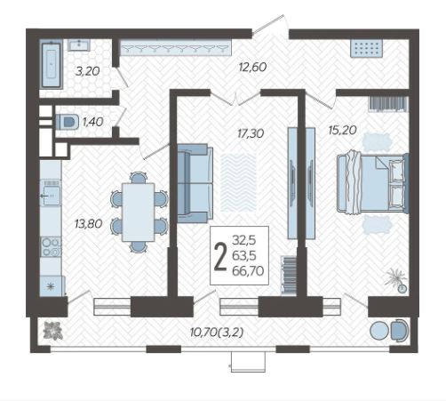 Двухкомнатная в Литер 3