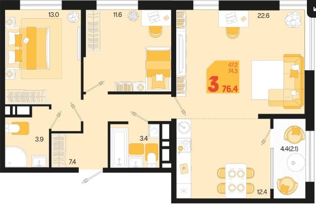 Трехкомнатная в Квартал 1.3 Литер 1